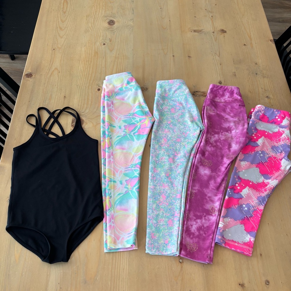 Girls Size 6 Dance Gymnastics Activewear Bundle Leggings Bodysuit Pink Blue